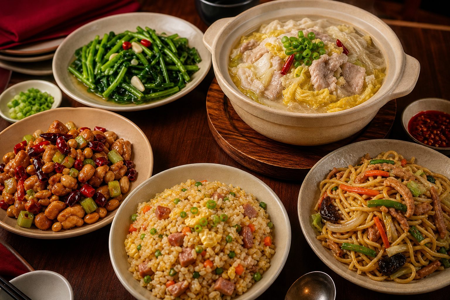 酸菜白肉鍋、炒飯、炒麵與熱炒青菜